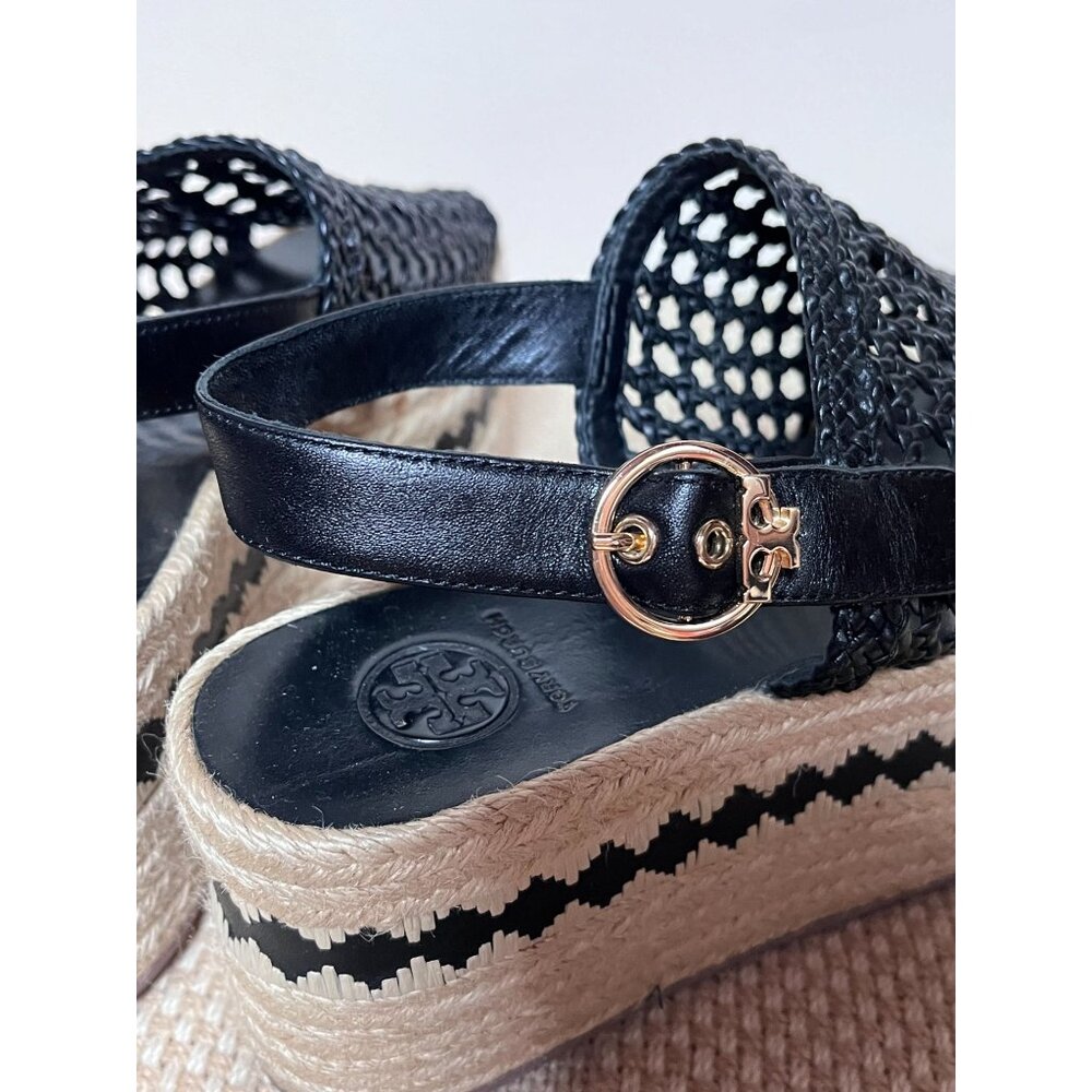 Tory Burch Platform Wedge Sandal 8 M Espadrille Woven Leather Logo Black Dandy - Picture 3 of 7